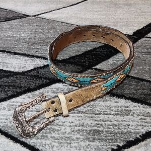 ARIAT AZTEC BEADED INLAY COW-HAIR RHINESTONES GENUINE LEATHER BELT